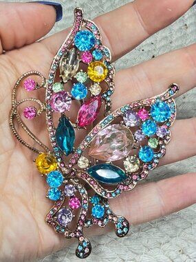 Large Butterfly Brooch | Multicolor Rhinestone | Marquise Stones | Vintage